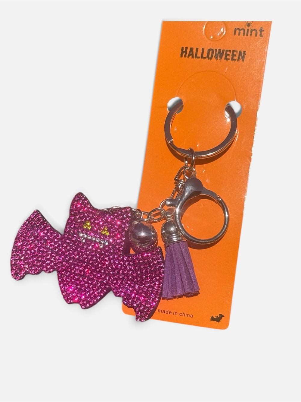 NWT Purple Crystal Halloween Bat Silver Tone Keychain